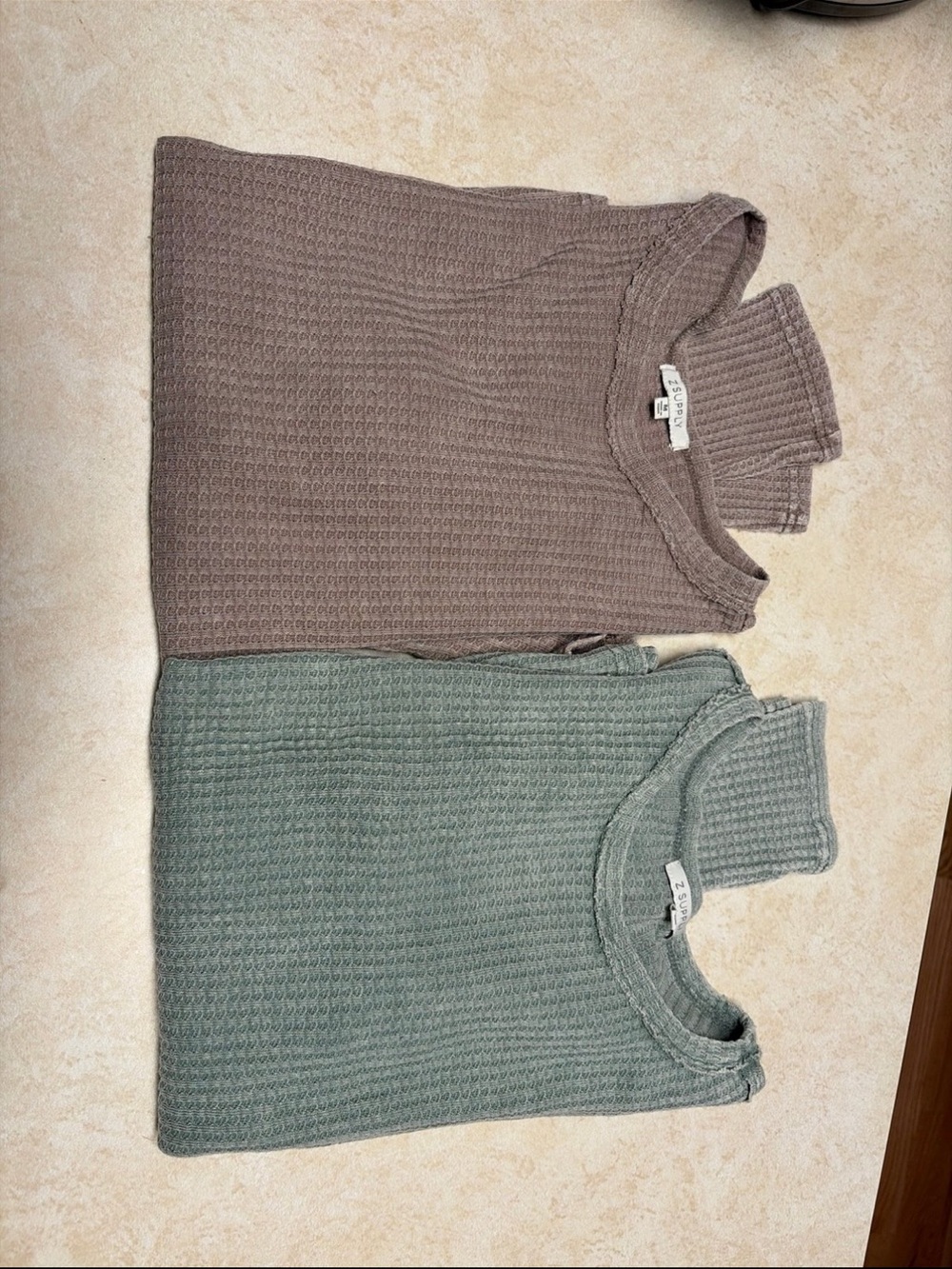 Z Supply Women’s Waffle Thermal Long Sleeve Tops— Taupe and Sage